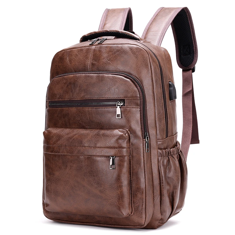 new style Fashion Man PU brown Leather Waterproof bag woman College casual laptop backpack With USB