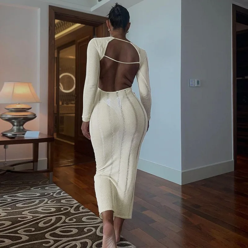Winter 2023 new fashion solid color backless hollowed-out long sleeve dress