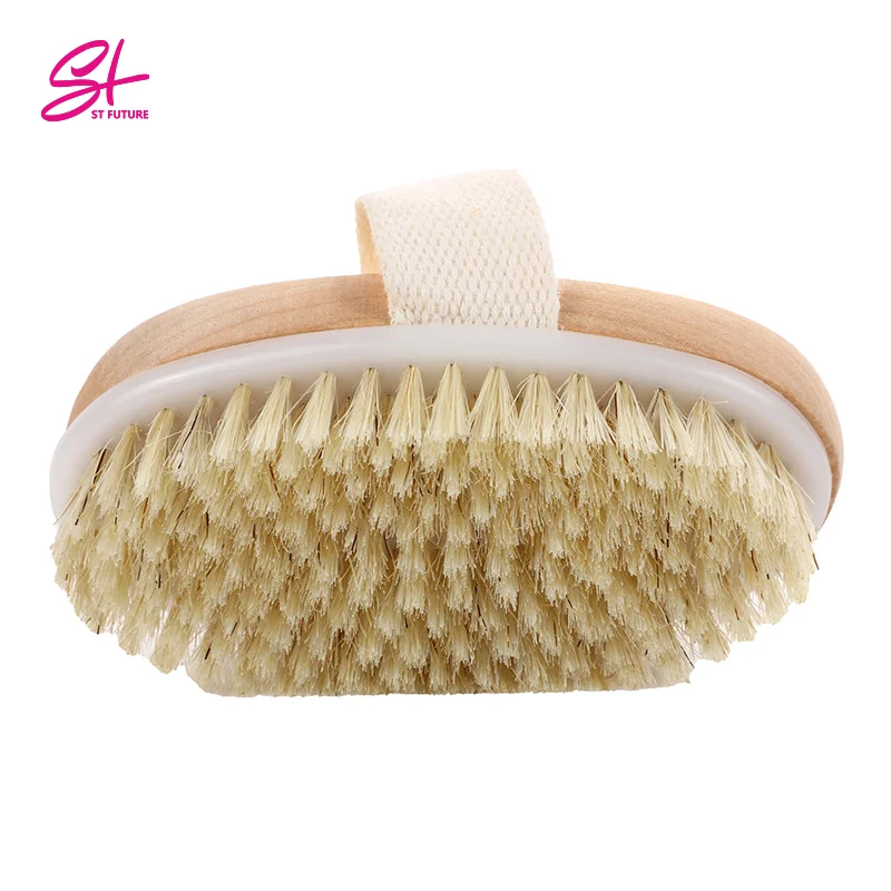 Wholesale Custom Logo Wood Handle Natural Boar Bristle Dry Skin Body Bath Brush With Hand Band