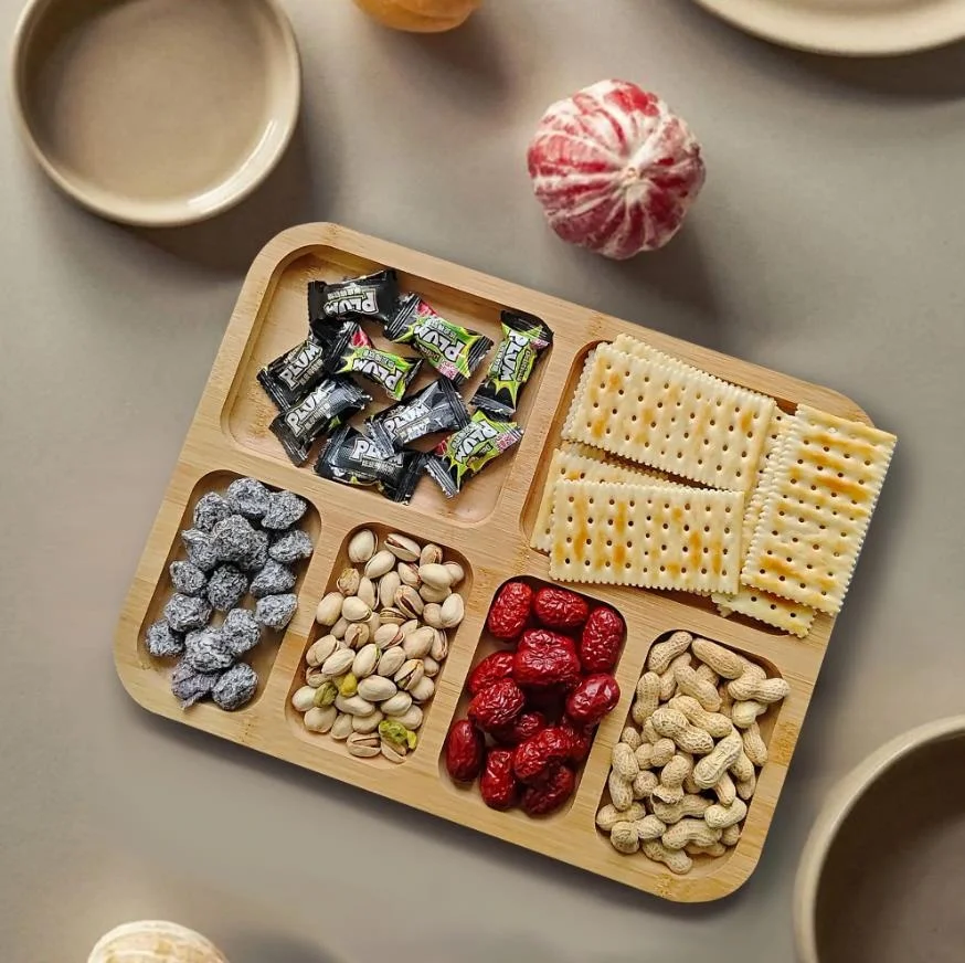 Customized Fruit Snacks Tray 6 Serving Plate with Dividers Wood Bamboo Portion Plates Food Cheese Platter