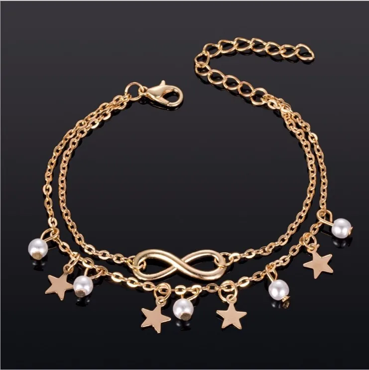 Boho Gold Color Star Infinity Anklets Fashion Multilayer Foot Chain New Simulated Pearl Anklet Bracelet for Women Beach Jewelry