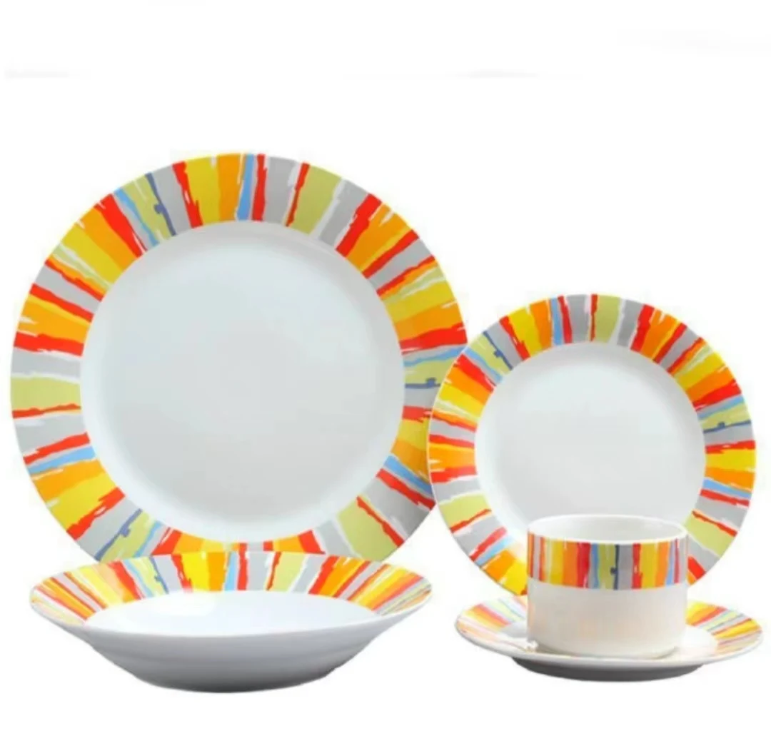 Wholesale Custom 4-Head Color Glaze Porcelain Tableware Set Sustainable Stocked Dinnerware Bowls and Plates for Daily Use