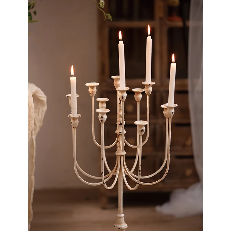 Vintage Distress Metal Candle Stand for Home Decor Menorah Church Candelabra White Iron Holder Decorative Candle Holder Designs