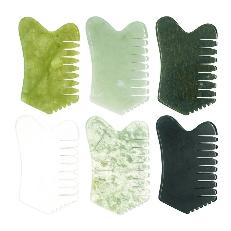 Bulk Custom Logo Natural Stone Comb Head Massager Gua Sha Jade Crystal Comb For Hair Massager Scalp Detox xiuyan Green Jade Comb