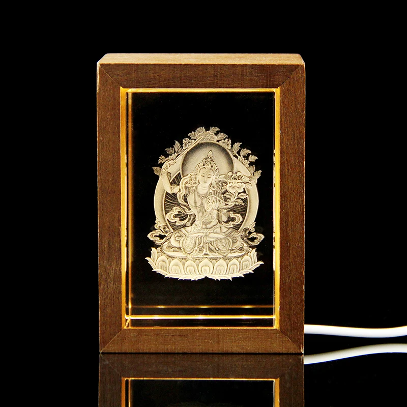 Custom Religious Crystal Crafts 3D Laser Engrave Buddha Statue Photos Crystal Cube With LED Wooden Frame Base