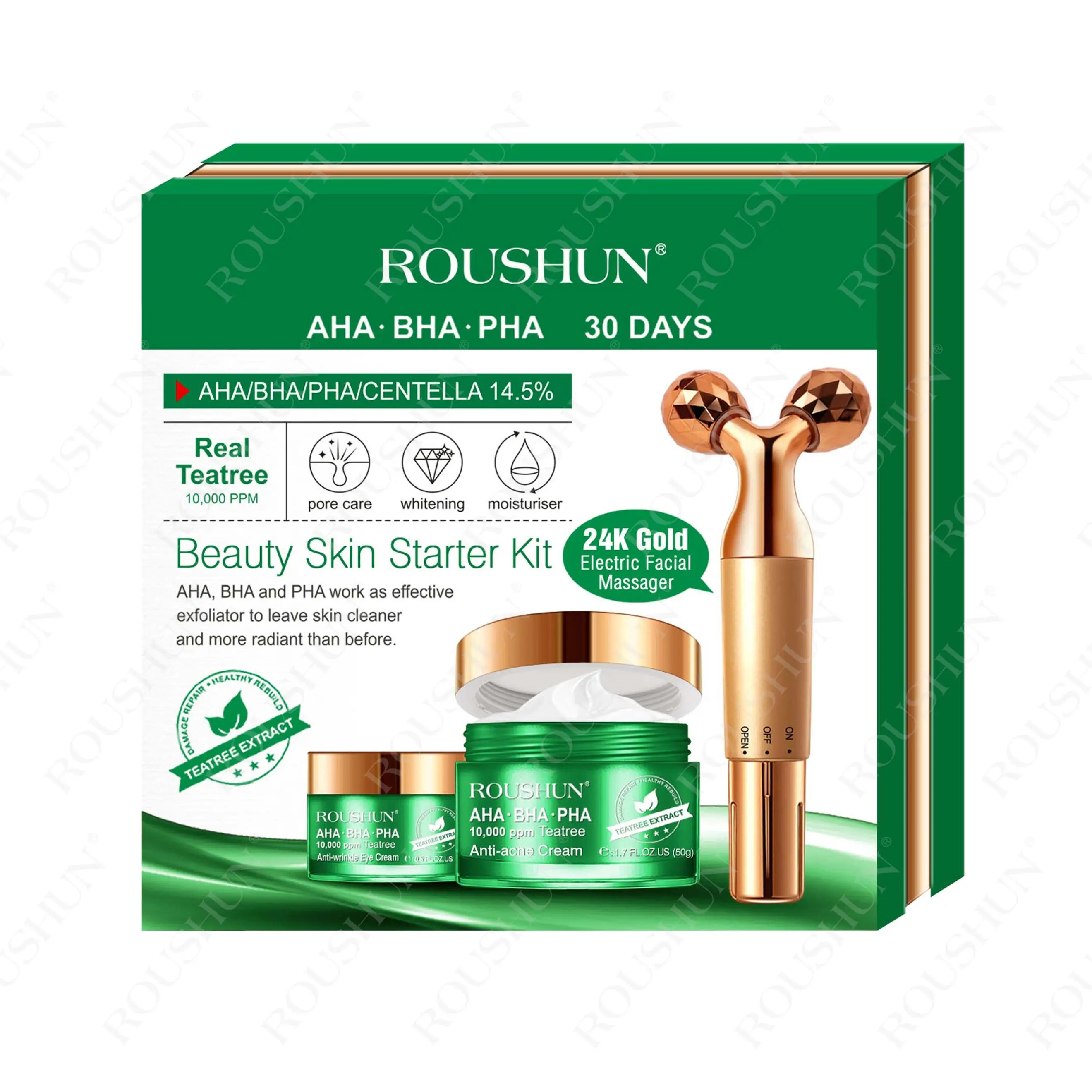 Roushun Антивозрастной И Осветляющий косметический набор по уходу за кожей чайное дерево крем для глаз + крем для лица + Электрический массажер для лица 24K