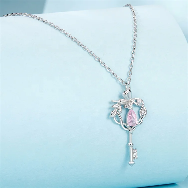 Youchuang hot sale key dainty pink zircon girls necklace Gift heart pendant 925 silver engraving valentine butterfly necklaces
