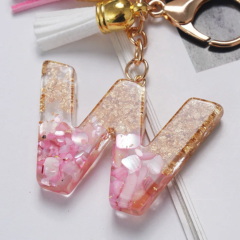 Fashion English initial keychains letter With Pink Blue Tassel A-Z Keyring Glitter Stone Fill Resin letter KeyChain charm Gift