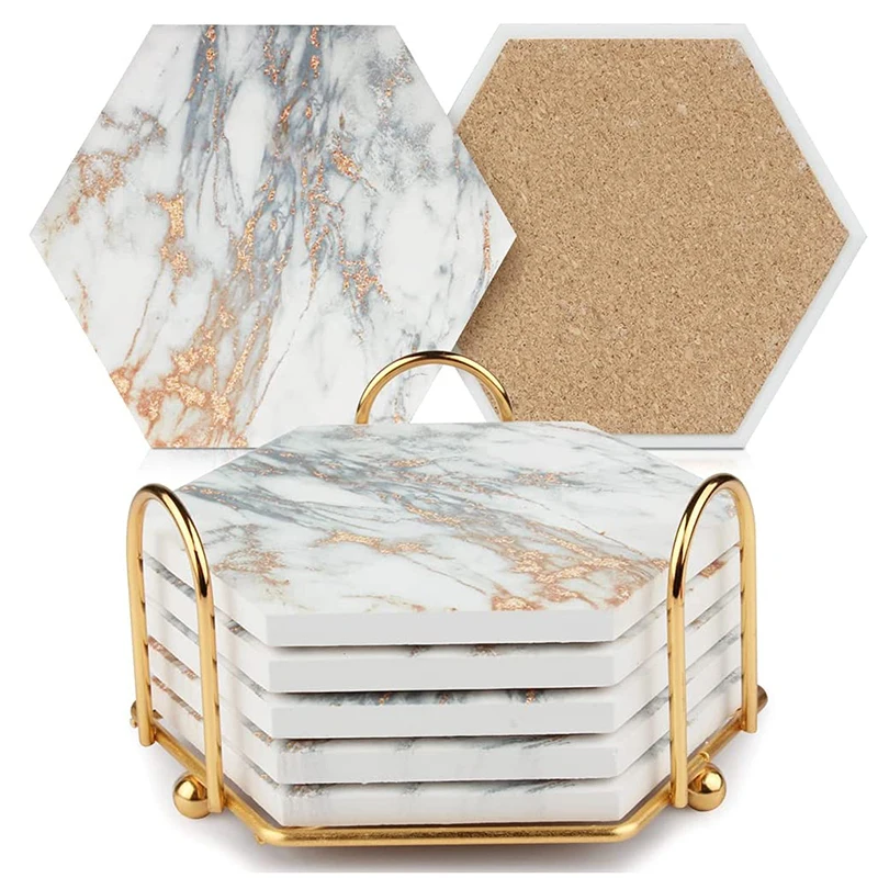 Hexagon Ceramic Coaster Home Decoration Modern Kitchen And Home Appliances With Cork Backing For Beverage Wine