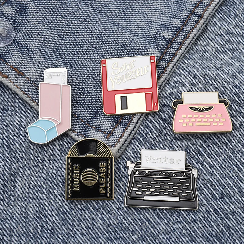 Retro Brooches Enamel Printer Fax Machine CD Record Memory Card USB Fash Disk Pins Clothes Bag Button Pin Badge