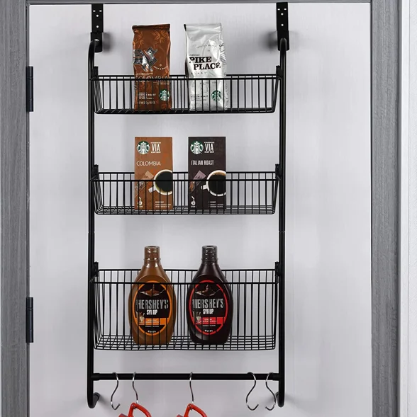 Over The Door Pantry Organizer 3 Tier Hanging Wire Storage Basket Spice Rack Organizer Kitchen Shelf with Hooks