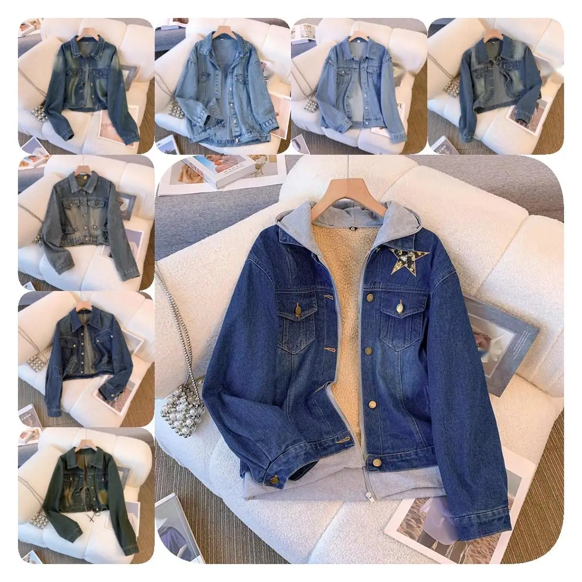 Long Sleeve Fashion Jacket Big Pearl Denim Jacket Print Embroidery LOGO Studded Rivet Pearl Women Denim Jacket