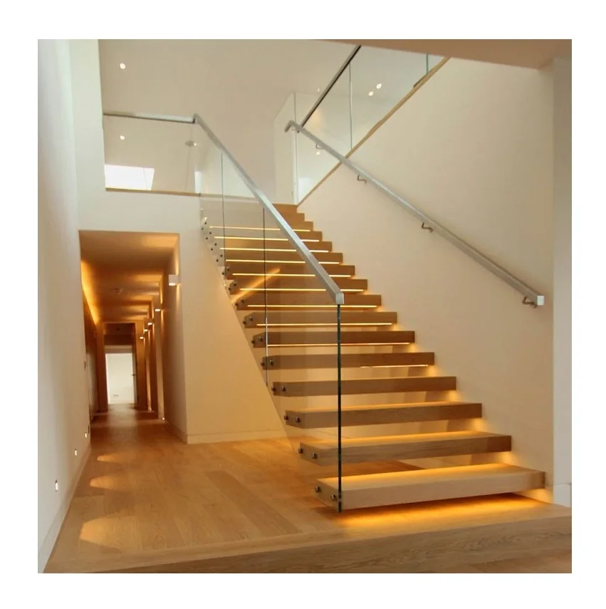 Customized Wooden Staircase Floating Straight Stairs Interior Staircase Designs