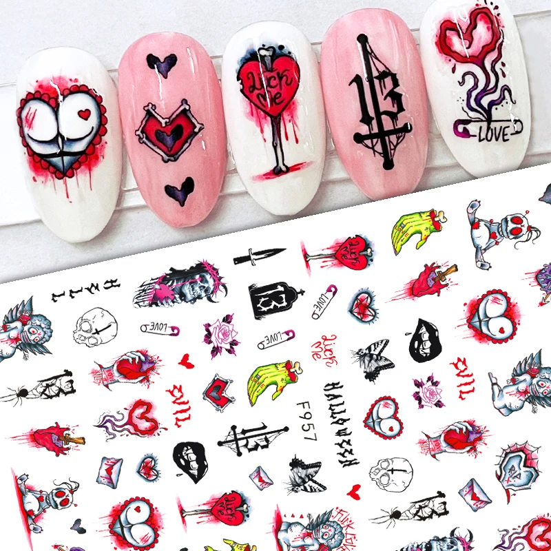 F series Hot-sale 3D Halloween Ghost Cute Skull Pumpkin  Mixed Color Black Cat Nail Sticker Decals For Nail Art Decoration