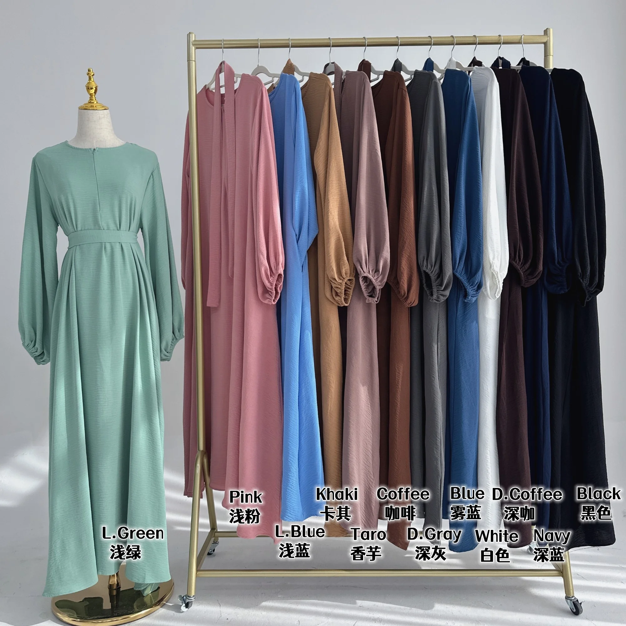 Loriya Modest Dresses Crepe Fabric Solid Color Long Sleeves Dubai Abaya Women Muslim Dress with Front Zipper islamic Clothing