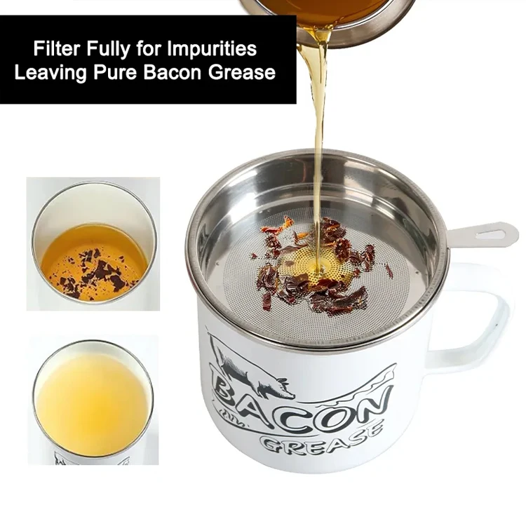 Custom Logo 40oz Food Grade Kitchen Lard  Enamel Storage Jar Cooking Oil Filter Container Bacon Grease Container With Strainer
