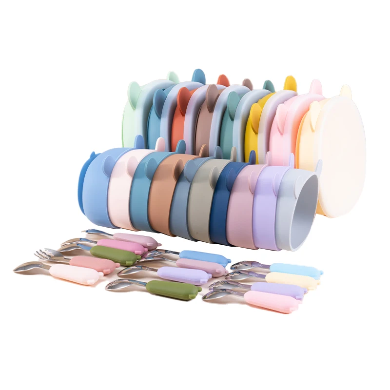 Cute Bear Kids Tableware Food Grade Bpa Free Wholesale Baby Silicone Tableware Feeding Set With Spoon