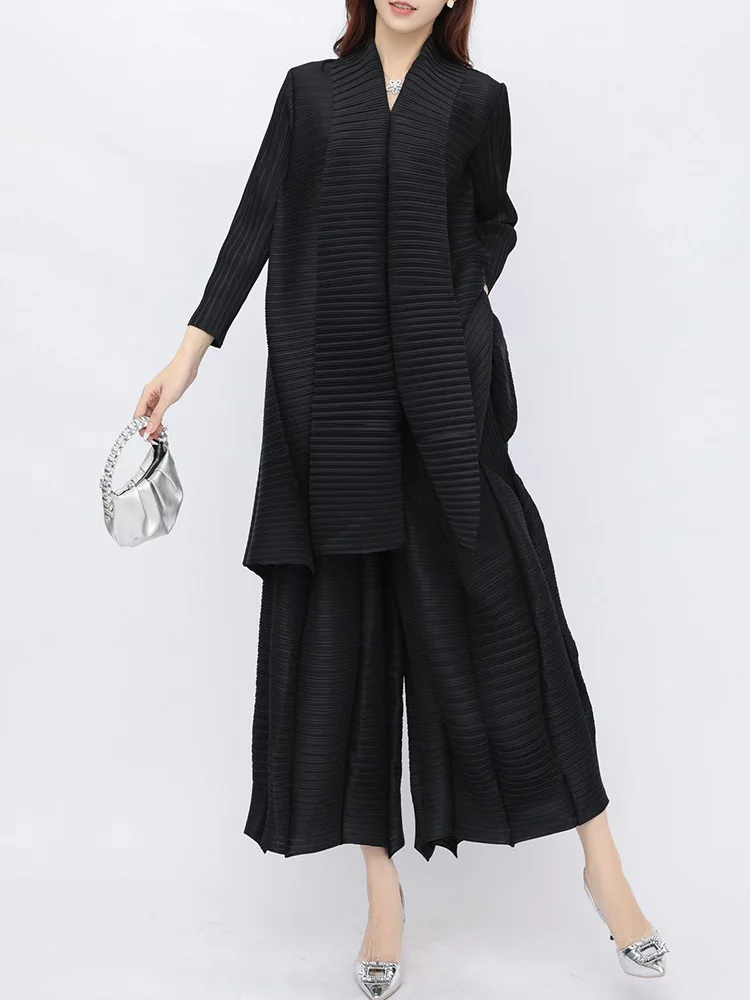 Miyake Plus Size Pleated Set Female 2024 New Casual Fashion Loose Top Wide-leg Pants Women Pleated Two-piece Set