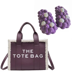 Wholesale Eva Cloud Lychee Bubble Sandals Winter Furry Pu Handbag Luxury Bling Bubble Slides with Purse The Tote Bag