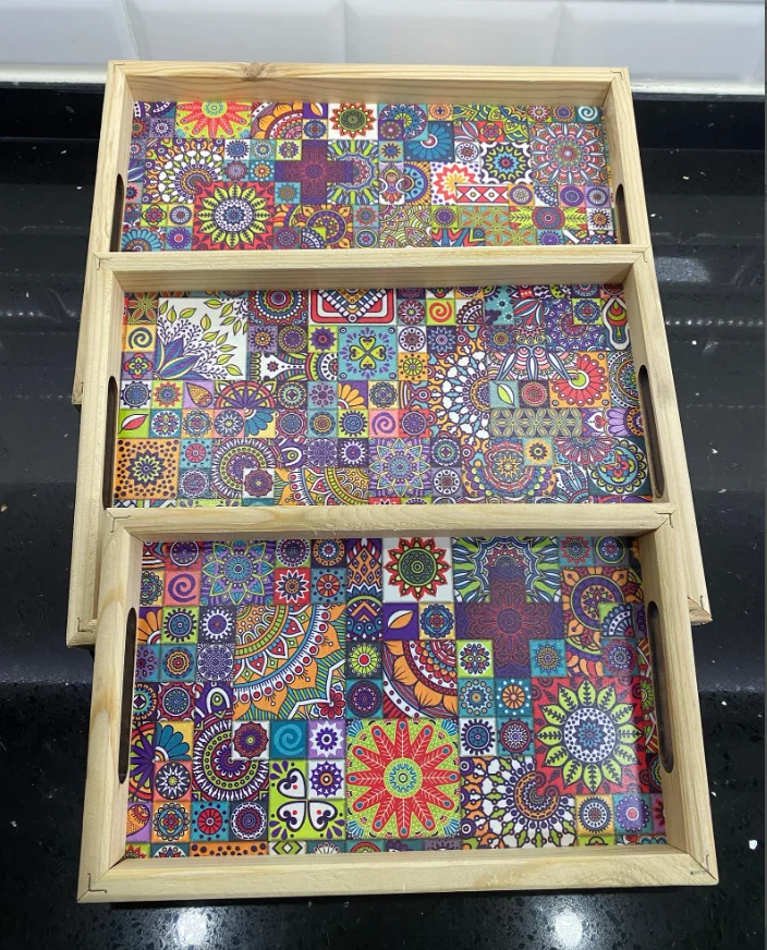 W90 Personalized 3-Piece Wooden Serving Tray with custom UV printing bottom,Pine tray with printed design bottom board