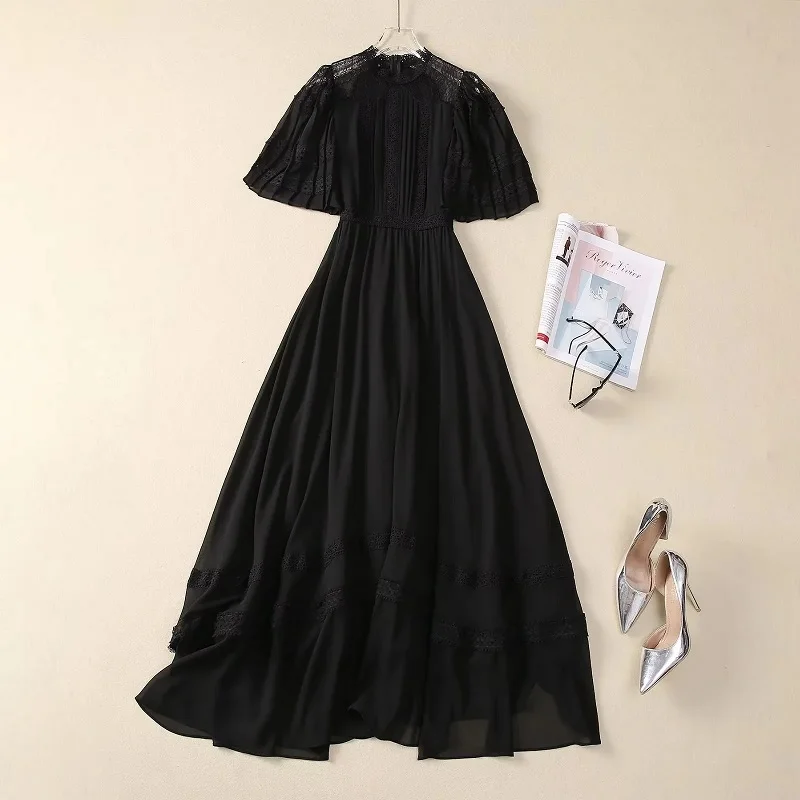 XXL Elegant Party Evening Dress 2024 Summer Style Luxury Ladies Sexy Lace Patchwork Short Sleeve Long Black Pink Maxi Dress Prom