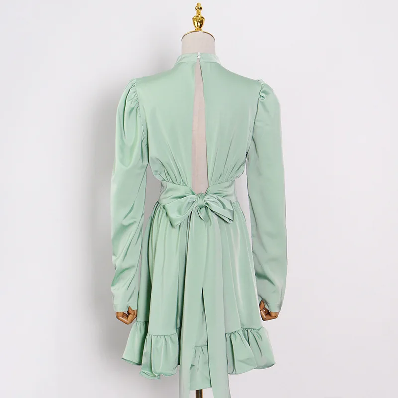 
Fashion Brand 2021 Summer New Style Solid Color Waist Satin Sexy Backless Lace-Up Bow-Knot A-line Dress 