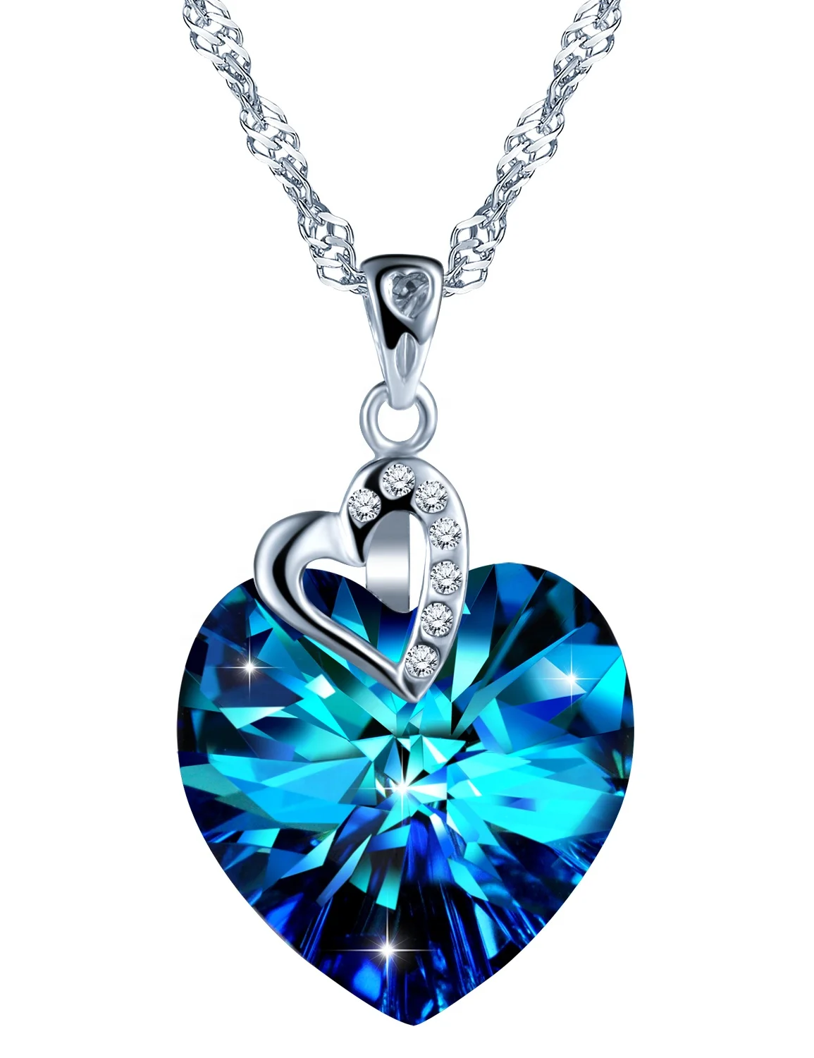 Ocean Blue Crystal Double Heart Stone Set S925 Sterling Silver Pendant Heart of the Ocean for Women