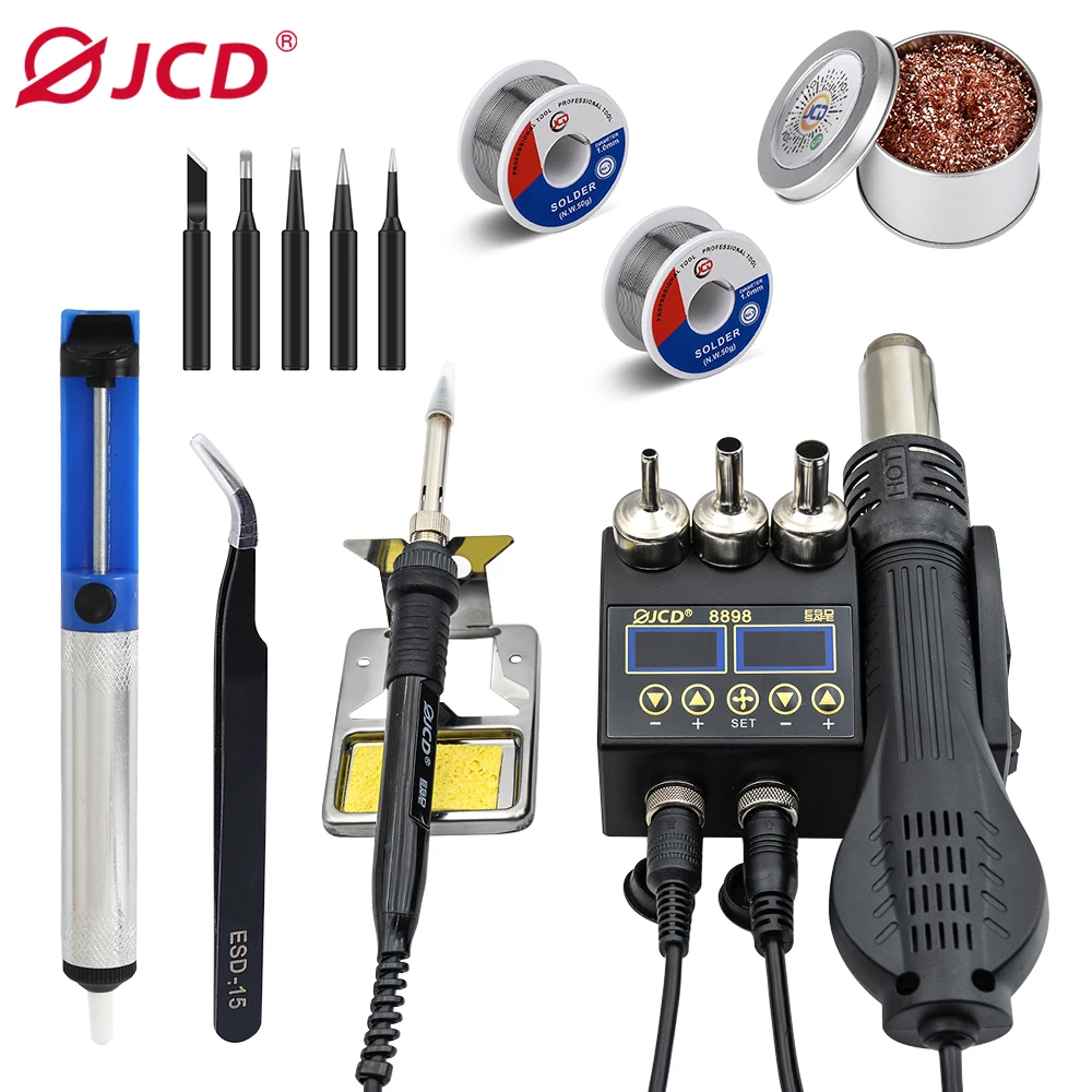 JCD 8898-7TK Soldering Station Rework Station Hot Air Gun Welding Repair Soldering Iron Tools with Tweezer Sucker Solder Wire