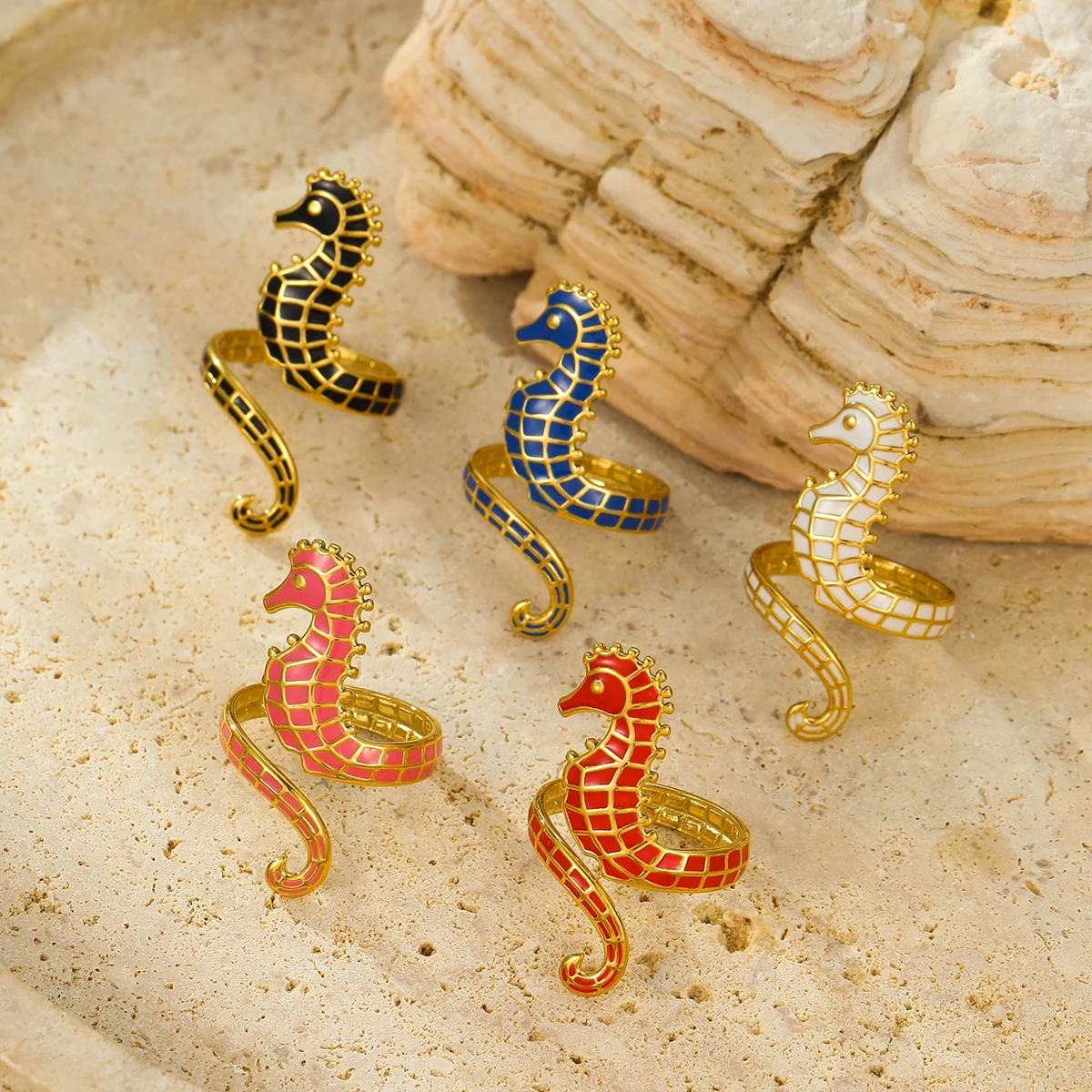 Ocean Series Beach Stainless Steel Summer Breeze Colorful Drip Oil Seahorse Ring INS Small Specialty Jewelry for Women