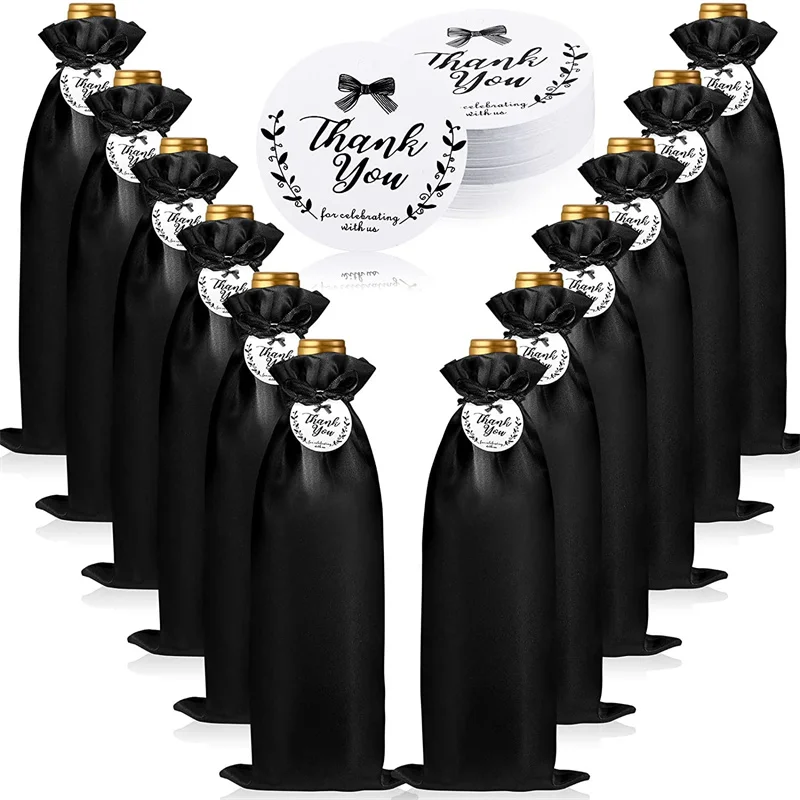 12pack Drawstrings Tags Reusable Wine Bottle Cover Bags Satin Wine Gift Bags for Christmas Wedding Birthday Holiday Party