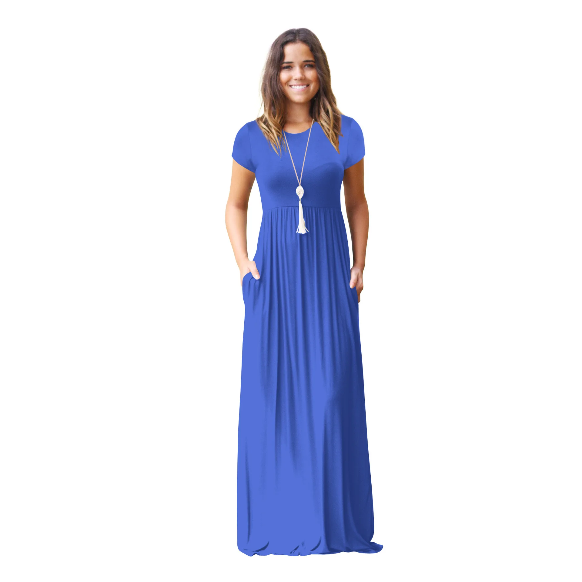 Allure Women Short Sleeve Loose Swing Plain Long Maxi Casual Dress With Pockets