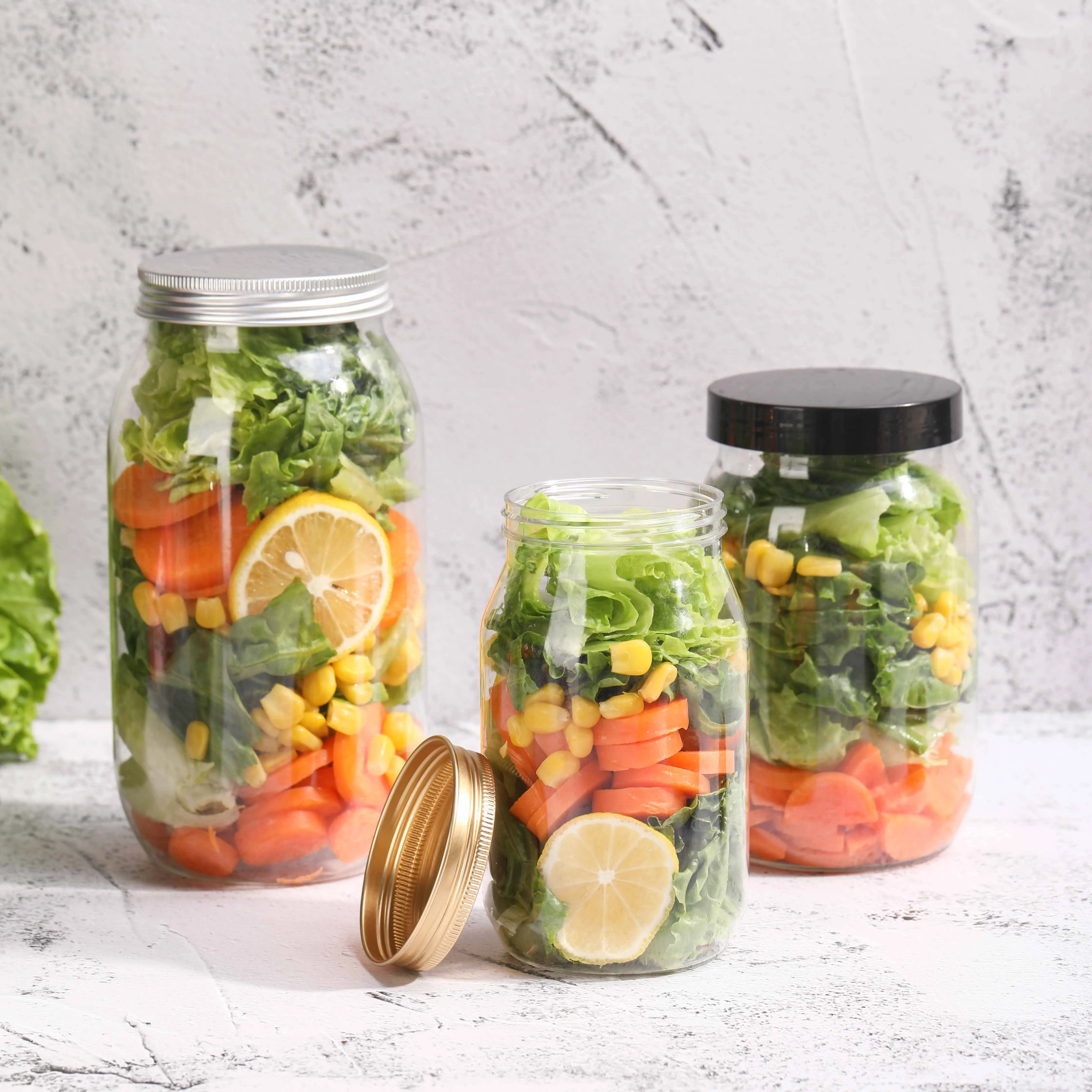 Hot Selling 32oz 1000ml Plastic Food Containers PET Transparent Jar for Salad BPA Free Jar With Lids for Salad