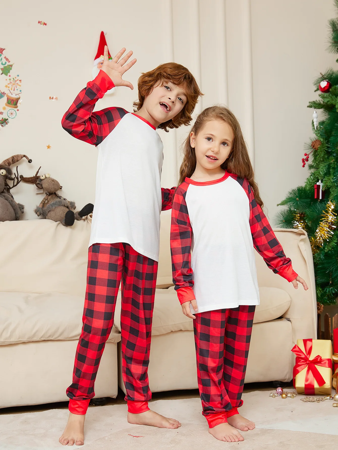 2024 XMAS pjs blank sublimation christmas pajamas 2pcs polyester long sleeve white gingham matching christmas pajamas family