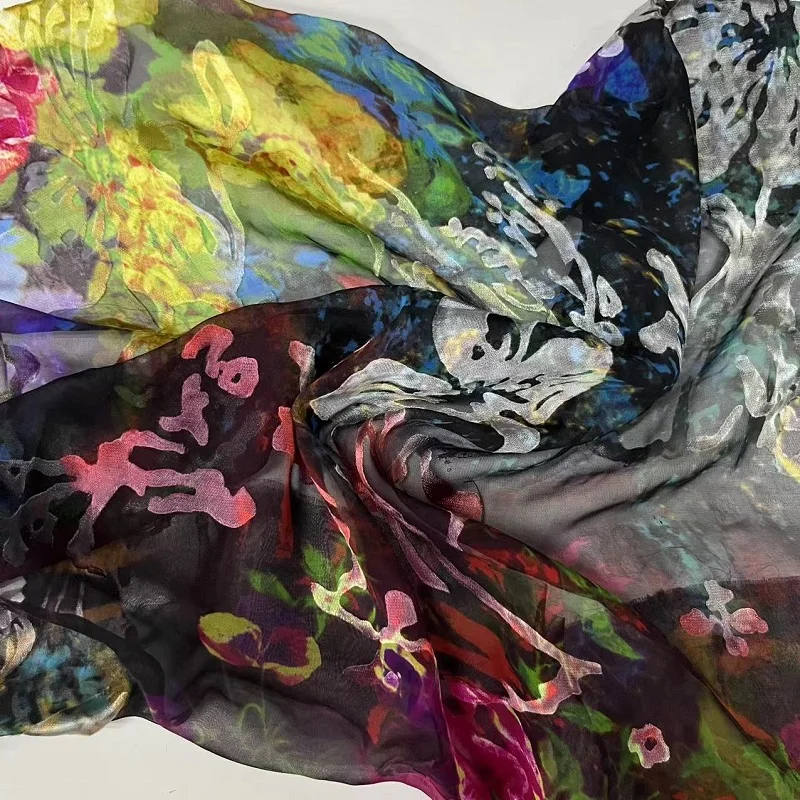 High standard silk  viscose satin burn out printing  viscose/silk  fabric  raw silk fabric for scarf dress