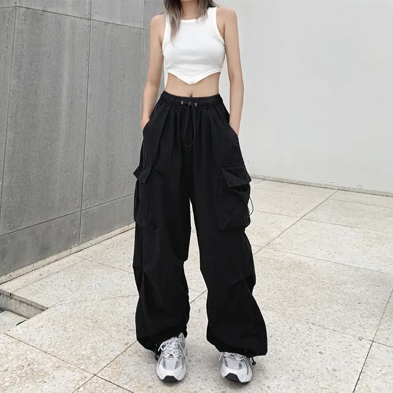 Drawstring Parachute Pants Y2K Streetwear Wide Leg Baggy Cargo Trousers Female Hippie Korean Edgy Style Jogging Sweatpants