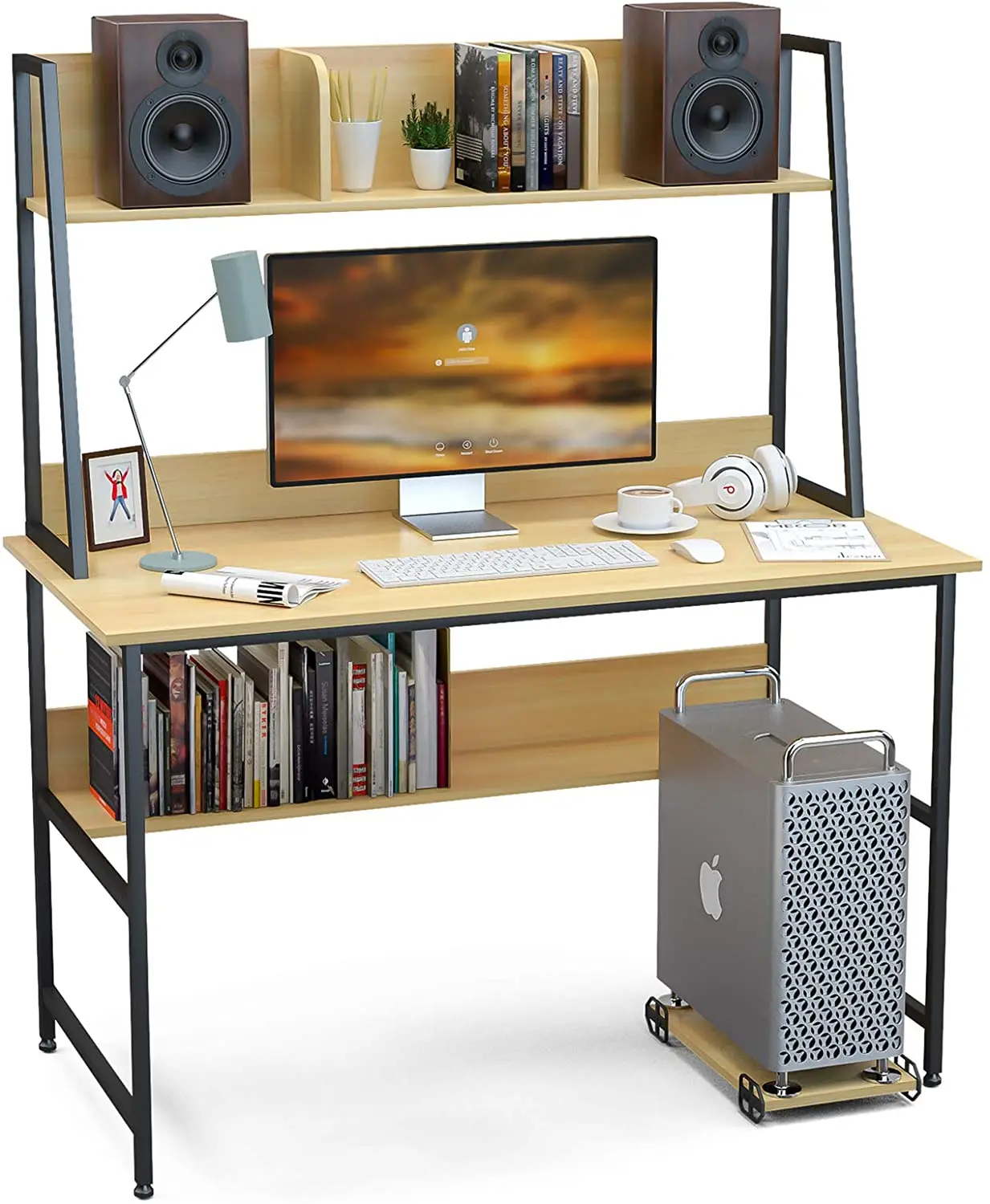 Modern Wood Computer Desk Study Writing Small PC Laptop Table for Home Office with Storage Bookshelf and CPU Stand