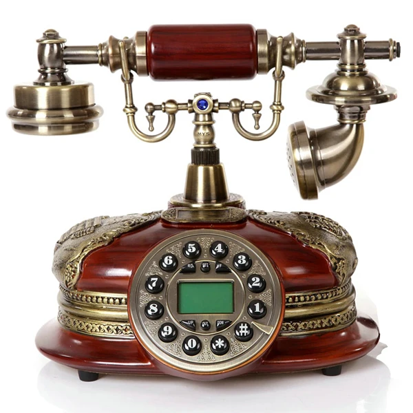 Corded old style wooden craft telephone set for living room