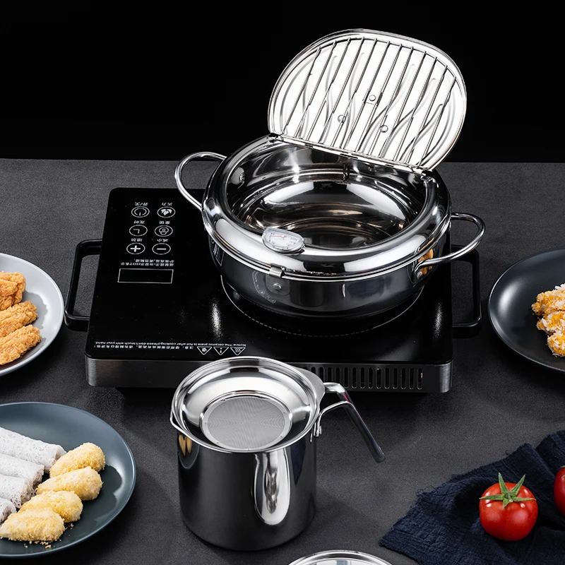 Drop shipping Japanese Tempura Fryer pot Home use Deep Oil Strainer Pot With Oil Filter&Thermometer Stainless Steel Frying Pan