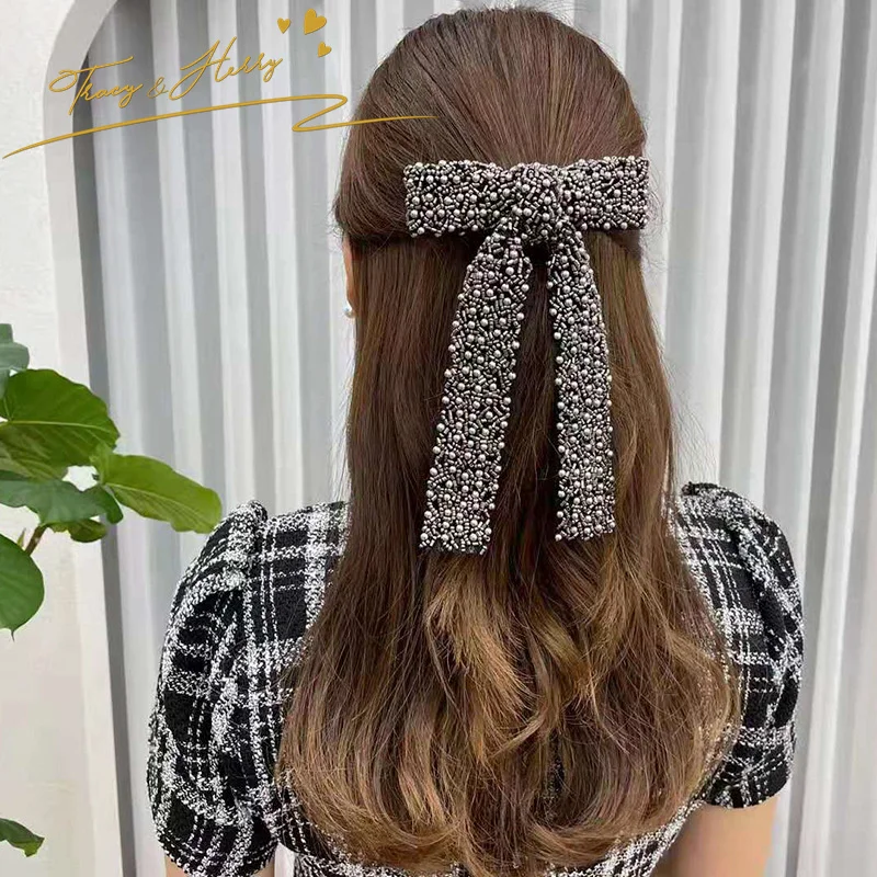 Tracy & Herry New Arriving Rhinestone Pearl Ribbon Butterfly Bow Spring Clamp Clips Beaded Hairpins Beaded Lady Ponytail
