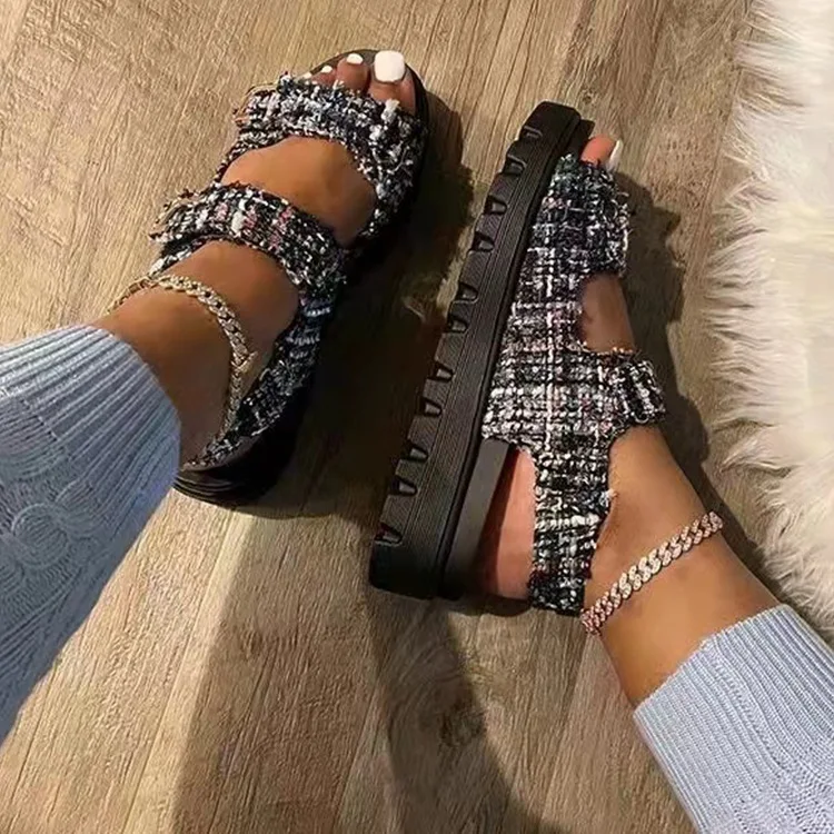 New Arrivals Designer Luxury Ladies Shoes High Quality Women Sandals Flat Feature PVC Insole Custom Embossed Size 12 Casual Use