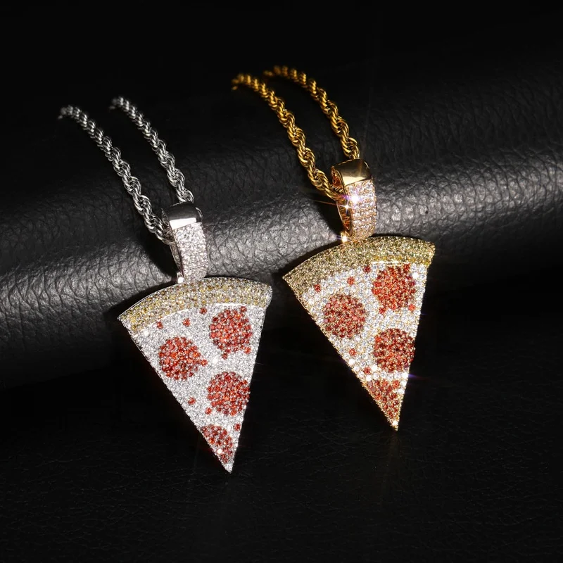 Hip Hop Jewelry Vintage Solid Zirconia Iced Out Pizza Pendant necklace Stereo Gold And Silver Micro Pave AAA+ CZ Stone Pendant