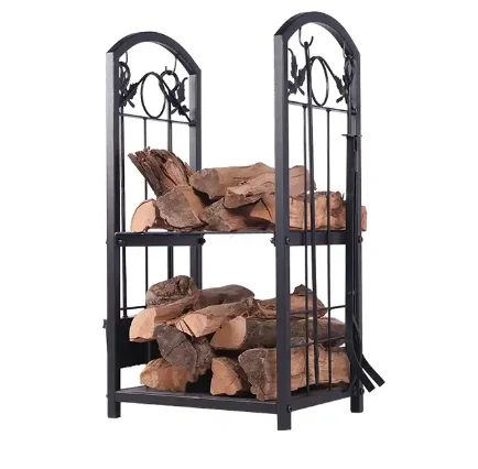 Firewood Storage Hut Firewood Stand Indoor and Outdoor Metal with 4 Fireplace Tools for Oven Steel Adjustable Black