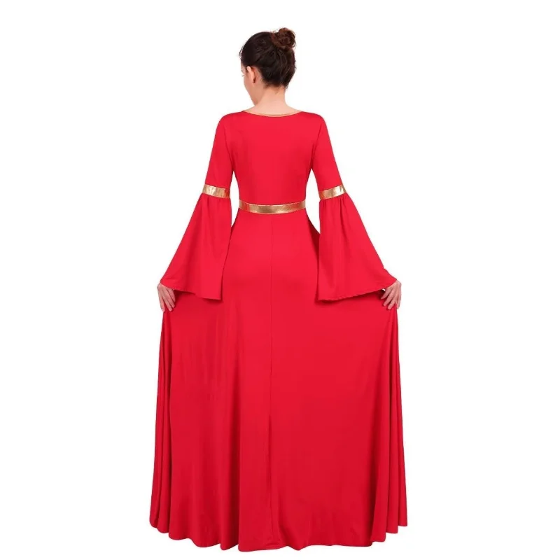 Liturgical Worship Costume Bi Color Bell Long Sleeve Church Robe Praise wear Women Metallic V Neck Praise Dance Dress