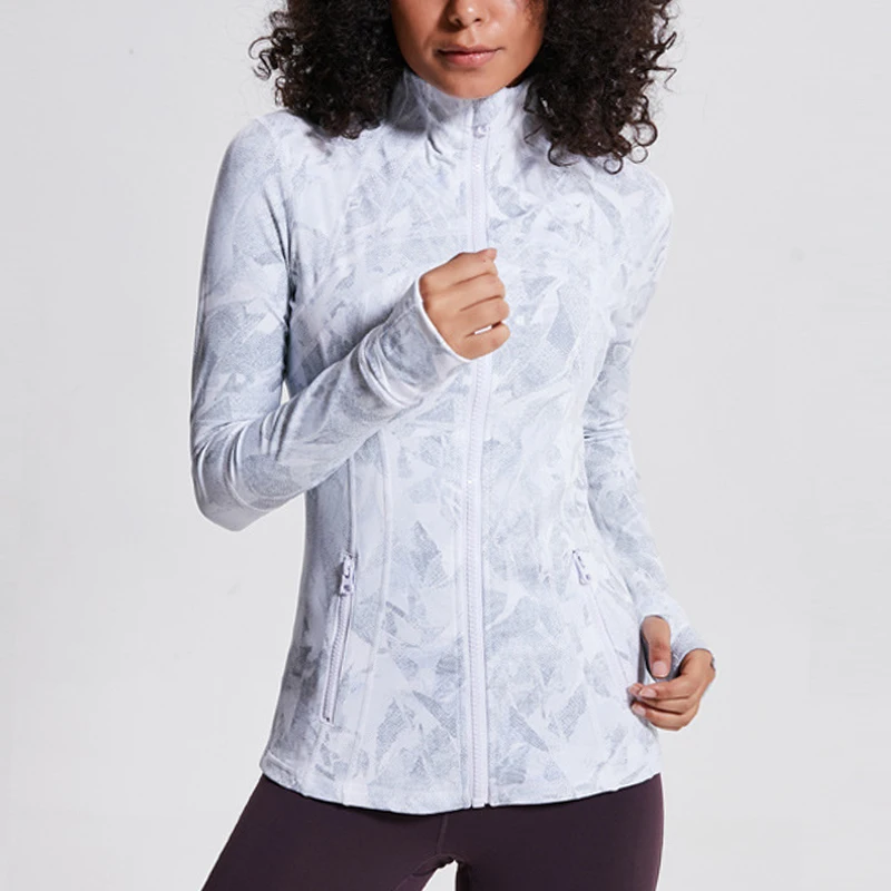 Hot Sales Geometric patterns Athletic Jackets Thumb Holes Stand-Neck Women Front Zip Open Long Sleeve Jackets