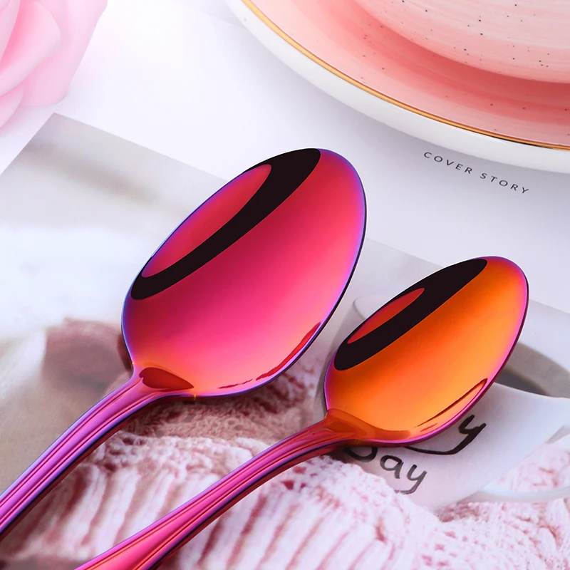 Stainless Steel cutlery set Knife Spoon Fork knife 5pcs Rainbow Titanium Cutlery for party event Gradient Red Coffee