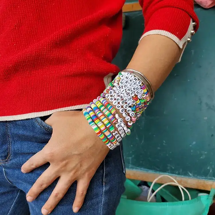 European and American Bohemian Colorful Rainbow Polymer Clay Bracelet Disc Heishi Beaded Words Initial Letters Bracelet Custom