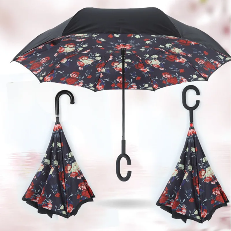 Wholesale Custom Reverse C Handle Umbrella Car Outdoor Double Layer Reverse Inverted Umbrella