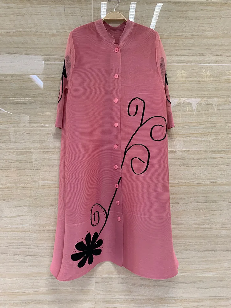 Korea Fashion Vintage Stretchy Pleated Single Breasted Ladies Cardigan Coat Women Free Size Loose A Line Rhinestone Casual Dress