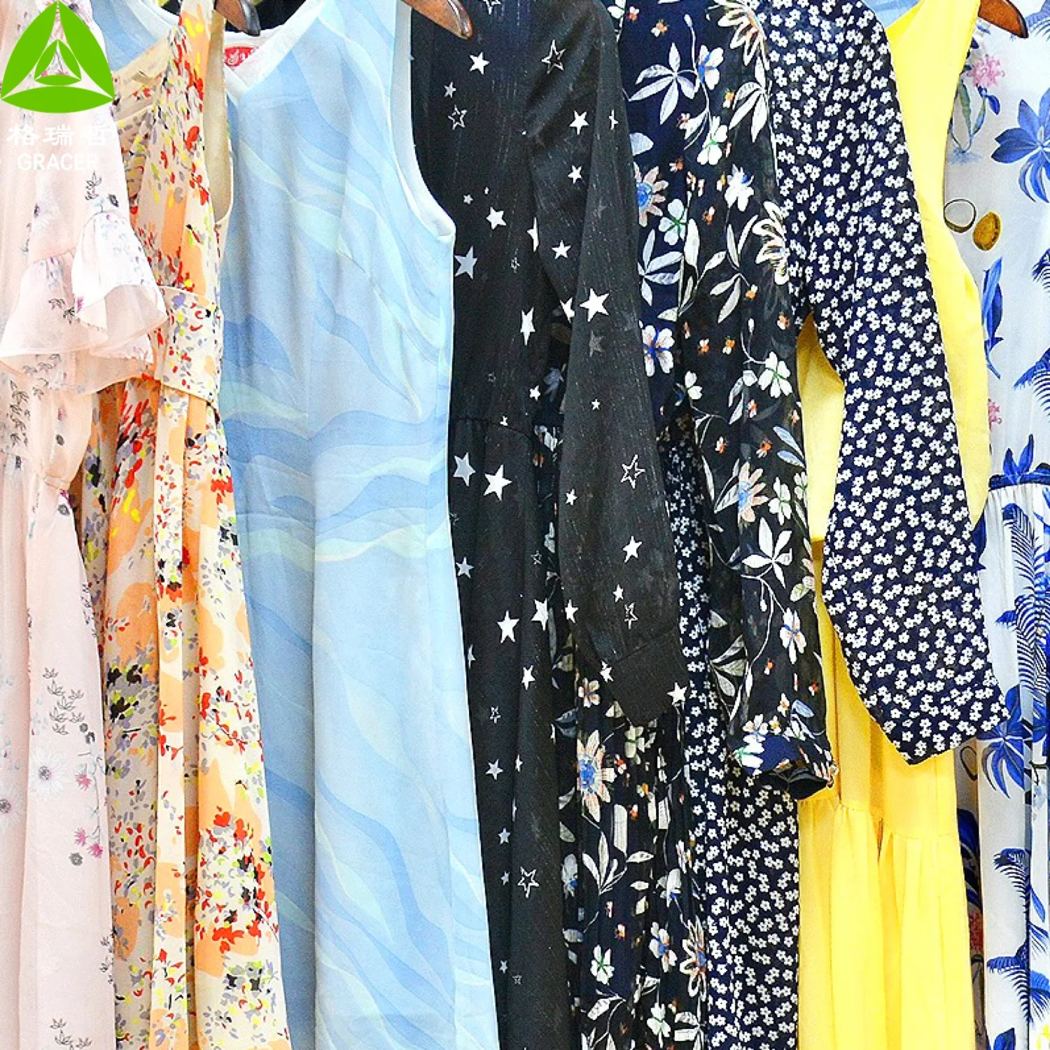 Women Used Dresses Printed Stock Woman Stock Bale Long Dress Full Sleeve Floral Casual Summer Silk for Women Adults Bundle 45KG