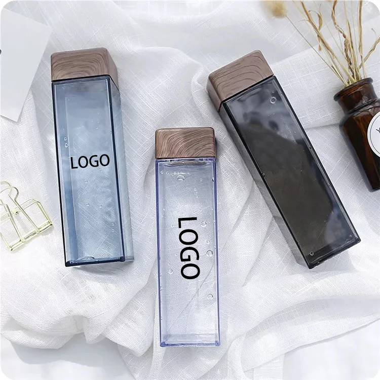 Outdoor Travel Transparent Wood Lid Plastic Square Frosted Water Bottle For Sports